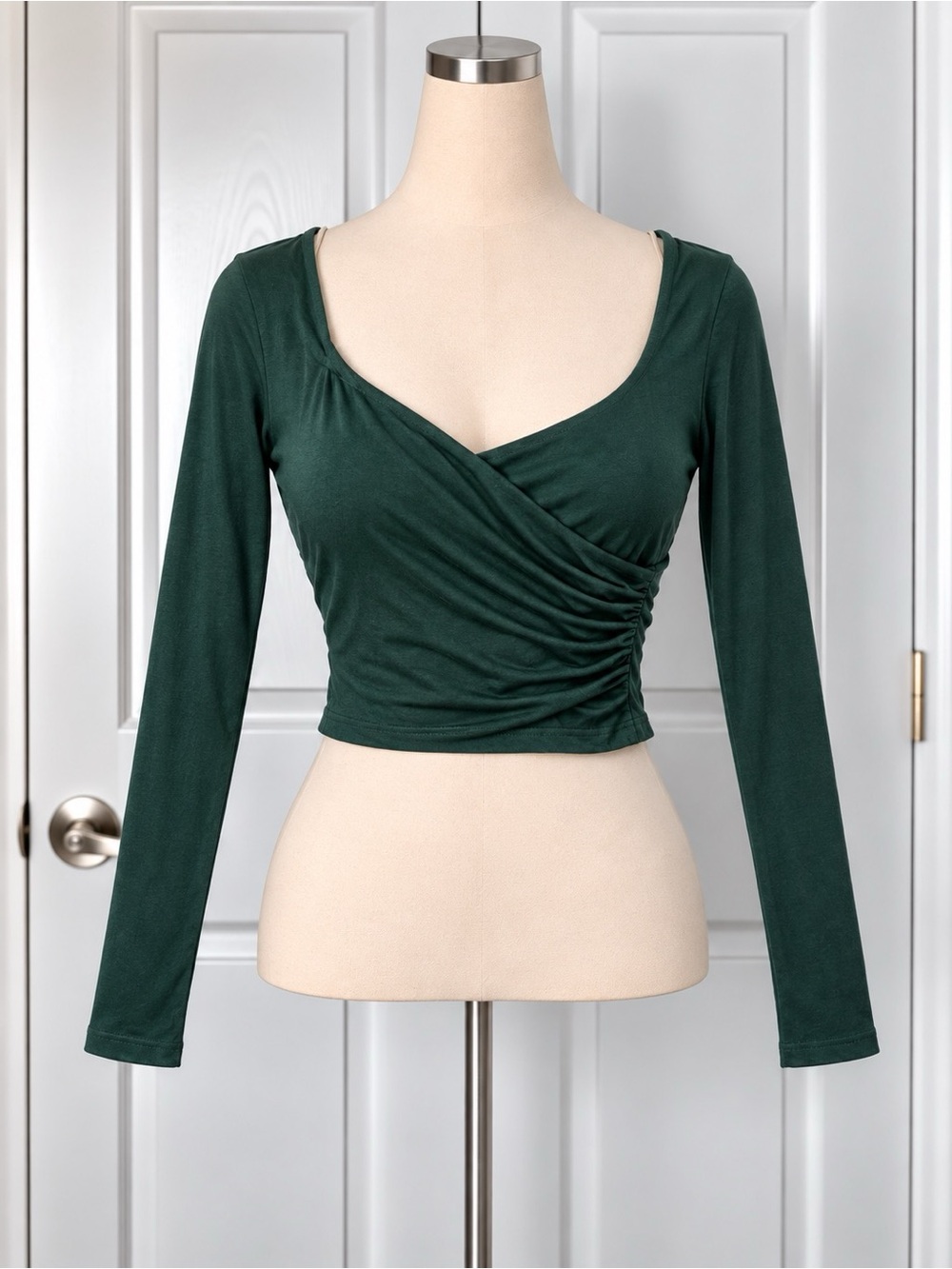 Windsor Dark Green Ruched Wrap Crop Top Long Sleeve V Neck Y2K Going Out L